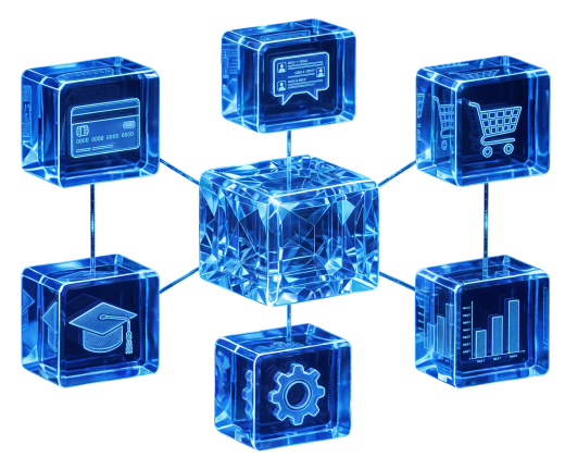 Glass cubes with payment, chat, shopping cart, education, settings and analytics icons connected to a central crystal
